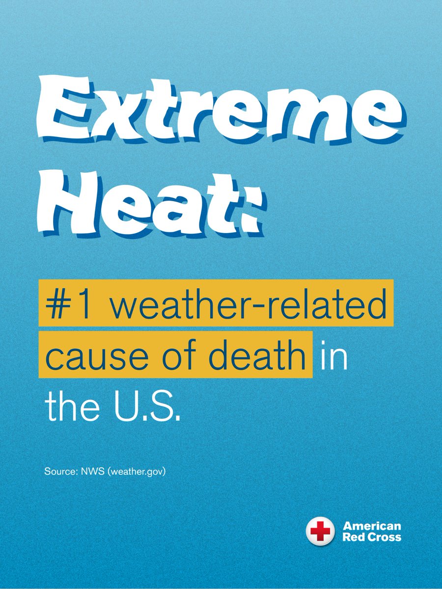 KSRedCross's tweet photo. With hot, humid conditions in store this week, it's a good time to remember that extreme heat kills more people in the U.S. each year than all other weather events combined. Your plan to stay cool must include spending time in air-conditioned places. MORE: https://t.co/Mrtc3A0p0E https://t.co/ShSEA3t1HY