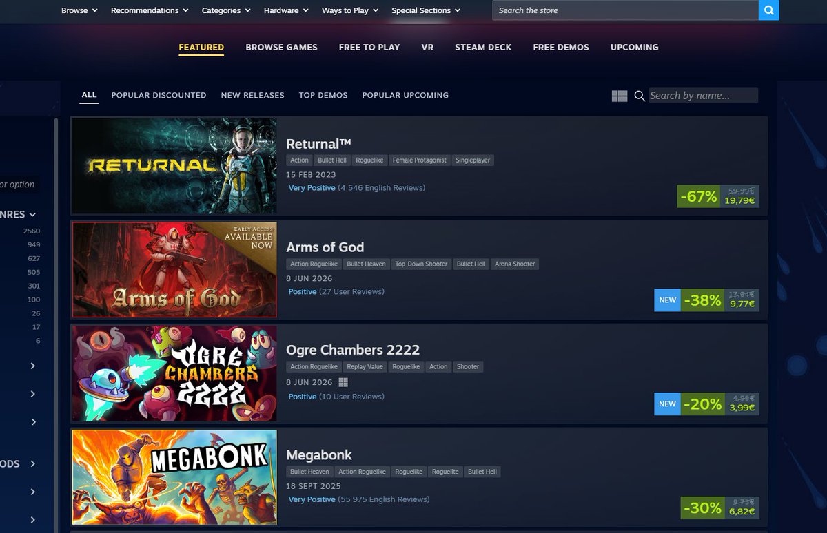 AntennaGames's tweet photo. NO WAY ???? my game 3rd highest on Steam bullet fest WHAT https://t.co/HedAD5mo1O