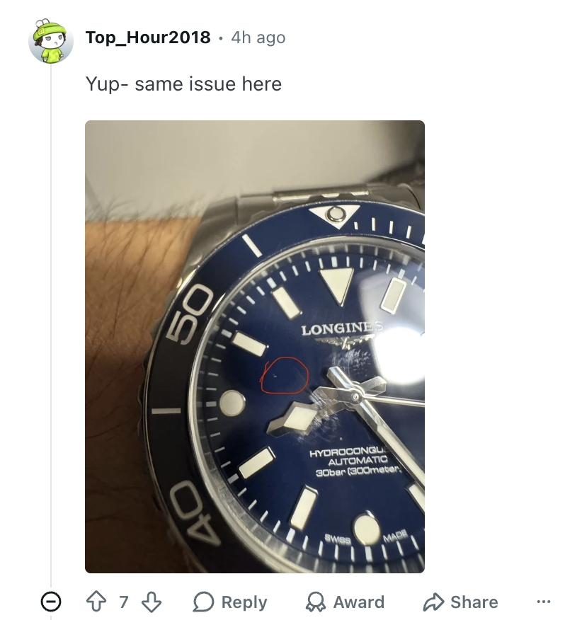 bryan_feng_'s tweet photo. re: Longines Hydroconquest.

Lots of people hyping it up as the best value watch of the year.

Enjoy the russian roulette of poor quality control on a $2400 watch. https://t.co/9uqLBqgGE3