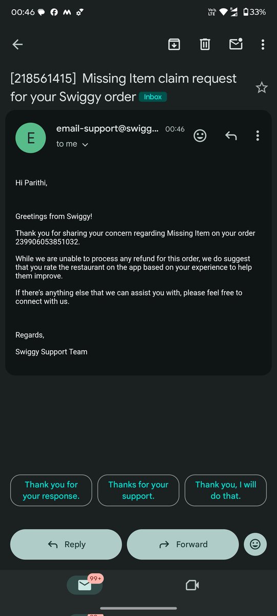 JParithiselvan's tweet photo. @SwiggyCares @Swiggy @SwiggyCares @Swiggy Just as I mentioned before I got the automated reply saying that there won't be any refund even in missing orders. previously when there was a hair in my food and got the same mail. Is this really how a support team works by delay and send automated response. https://t.co/va0ikFvAvU