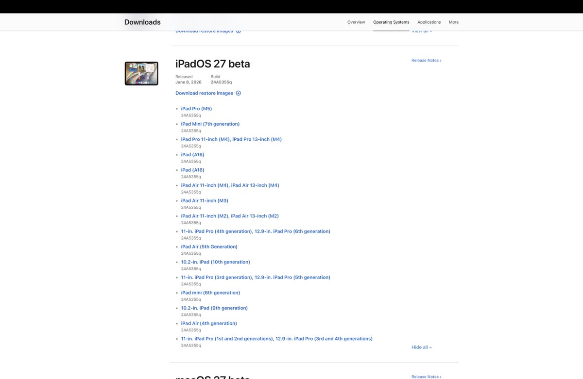DanZimmerli's tweet photo. @Apple I think there's a problem with the iPadOS 27 Dev beta for iPad Pro 11" from 2018 MTXQ2LL/A I downloaded the image but I'm getting an error that it's the wrong firmware for the device? "The iPad “iPad Pro” could not be updated because the firmware file is not compatible."

I used the bottom link there for the A12X generation 1 iPad Pro... Help?