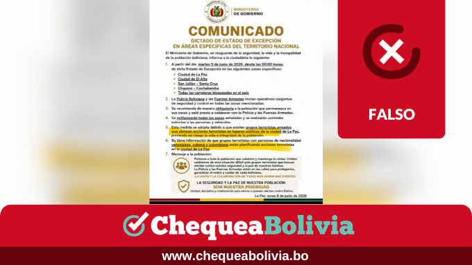ChequeaBolivia's tweet photo. ❌ Este comunicado con un supuesto Estado de Excepción en zonas específicas del país es falso
🔎La Oficina del Presidente Rodrigo Paz informó que este documento que circula en redes sociales es falso. "La información que contiene carece de respaldo oficial y no tiene ninguna legitimidad", señala la aclaración.  
#EsFalso #ChequeaBolivia