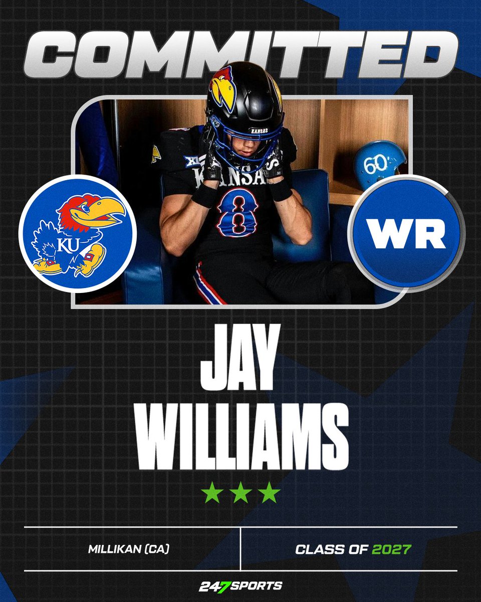 BlairAngulo's tweet photo. BREAKING » Long Beach (Calif.) Millikan wide receiver Jay Williams has committed to Kansas following his official visit to campus and discussed what went into his decision to be a Jayhawk: https://t.co/EmuuvIxkfT https://t.co/1OrctaAVu9