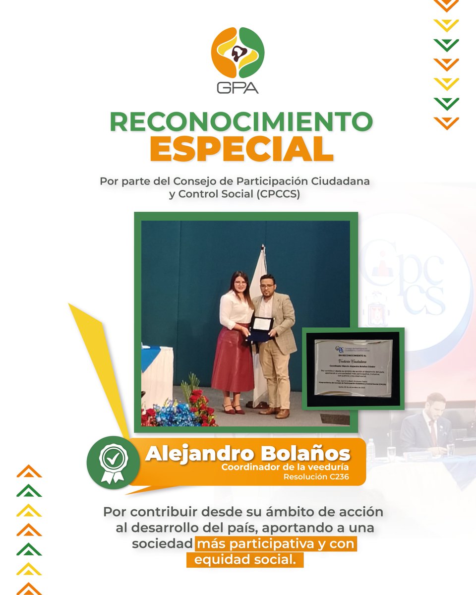 gpafroficial's tweet photo. [03 -12 -25] Reconocemos la valiosa labor de Alejandro Bolaños, Coordinador de la Veeduría a la Resolución C236, por su compromiso y aporte al fortalecimiento de una sociedad más participativa, transparente y con equidad social. 🇪🇨

#ParticipaciónCiudadana #GPA #Reconocimiento https://t.co/Iwddv6PBGe