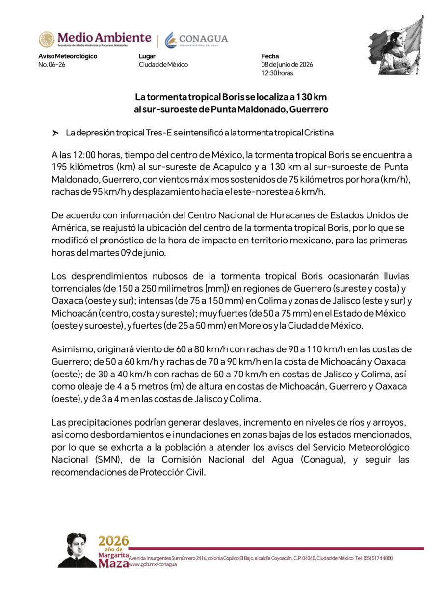 conagua_mx's tweet photo. #AvisoMetorológico

El @GobiernoMX informa que la #TormentaTropical Boris se localiza a 130 km al sur-suroeste de Punta Maldonado, Guerrero. 

Más información: https://t.co/2njA2VGPCG https://t.co/tO5wryGUHa