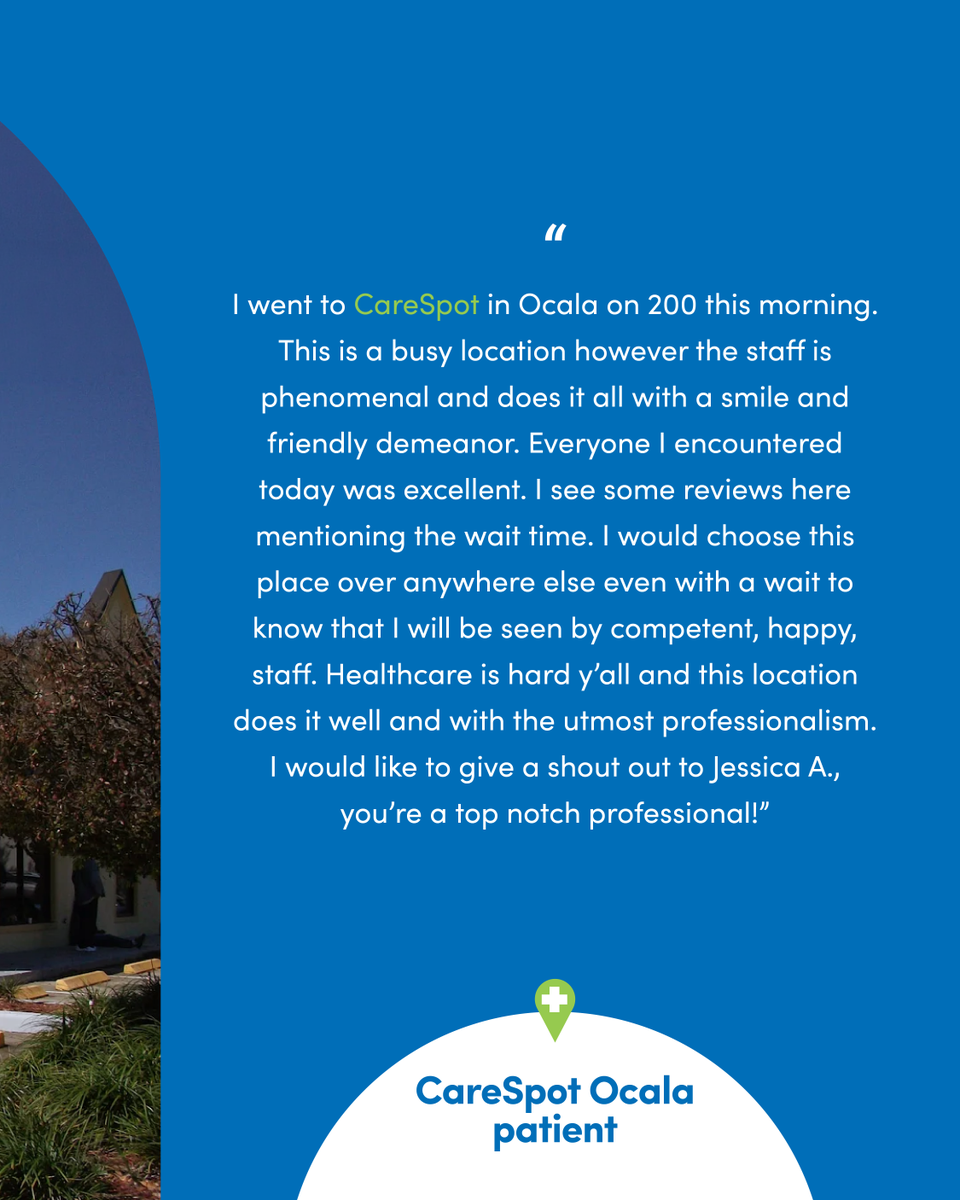 CareSpotHealth's tweet photo. Great care is about more than just getting seen, it’s about how you’re treated along the way.
Shoutout to our #CareSpot Ocala team for showing up with professionalism, positivity, and a friendly approach, even on the busiest days. 💚 https://t.co/CsDWmQ98nE