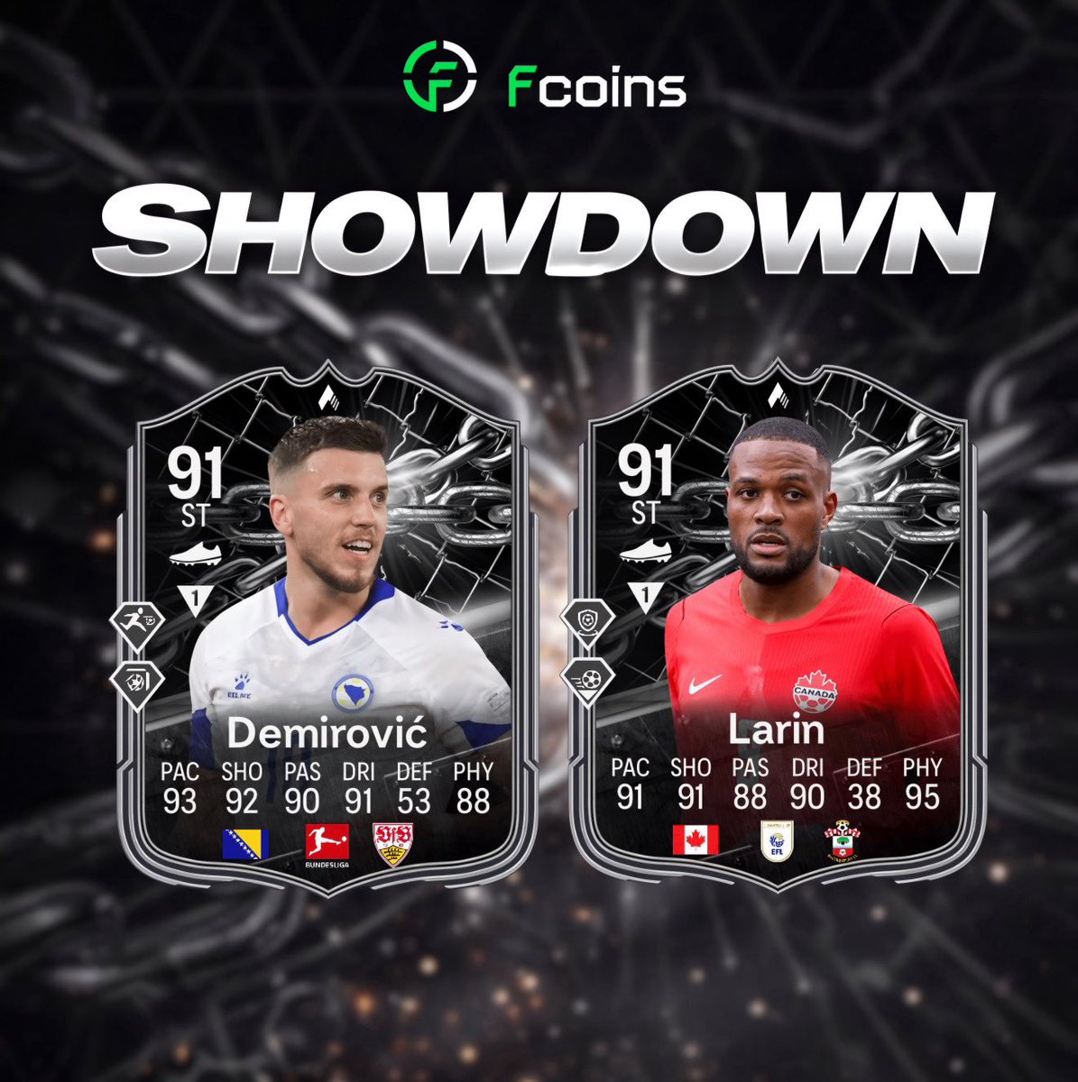 FCOINS_GG's tweet photo. 🚨 Today, a new „Showdown” duel appeared in SBC 🔥 

This duel concerns the 
match between Bosnia-Canada whose representatives were:

• 🇧🇦 Ermedin Demirović
(88)
• 🇨🇦 Cyle Larin
(88)

🧬 New Evolution „Hawk Eye” for everyone, max. 91 rating, max. 2 Playstyle’s+, max. 10 Playstyle’s, must not be Silver Icon 👍🏻

#FC26 #COINS #EAFC26 #FCOINS #ULTIMATETEAM #FC26COINS #COINS