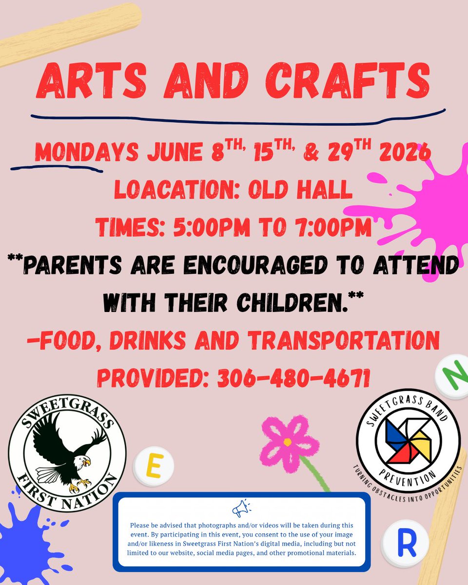 SweetgrassFN's tweet photo. Arts and Crafts - Youth Wellness
Mondays, June 8th, 15th &amp; 29th 2026 - @ the OLD HALL - 5:00pm to 7:00pm

Food, drinks and transportation provided. **Parents are encouraged to attend with their children.**

For shuttle, contact Prevention: (306) 480-4671 https://t.co/r5Ir6dh27Q