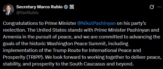 MarioNawfal's tweet photo. 🇦🇲🇺🇸 Pashinyan wins reelection in Armenia, and Washington didn't waste a minute.

Rubio issued formal congratulations and tied it directly to advancing TRIPP, the Trump-branded peace framework born out of the Washington Peace Summit.

The South Caucasus has been a powder keg for decades. Azerbaijan, Armenia, Nagorno-Karabakh, and Russia are lurking in the background.

If the U.S. is serious about TRIPP, Pashinyan's renewed mandate is the best window they'll get.

The U.S. and Western allies are happy; Russia is clearly not.

Writers: Lucas, Oliver