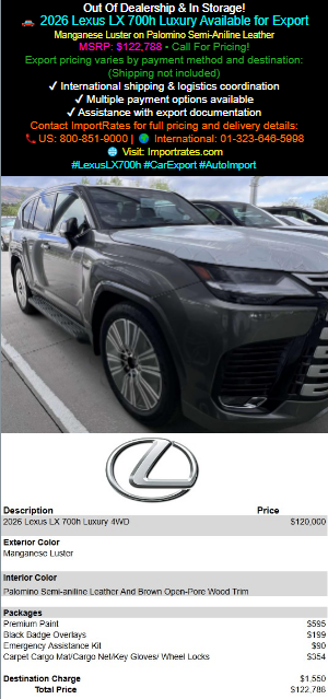 importrates's tweet photo. Out Of Dealership & In Storage!
2026 Lexus LX 700h Luxury Available for Export
MSRP: $122,788 • Call For Pricing!Export pricing varies by payment method and destination:(Shipping not included)
🌐 Visit: https://t.co/ZA3MMYrS4E
#LexusLX700h #CarExport #AutoImport https://t.co/sOHNLDglcy