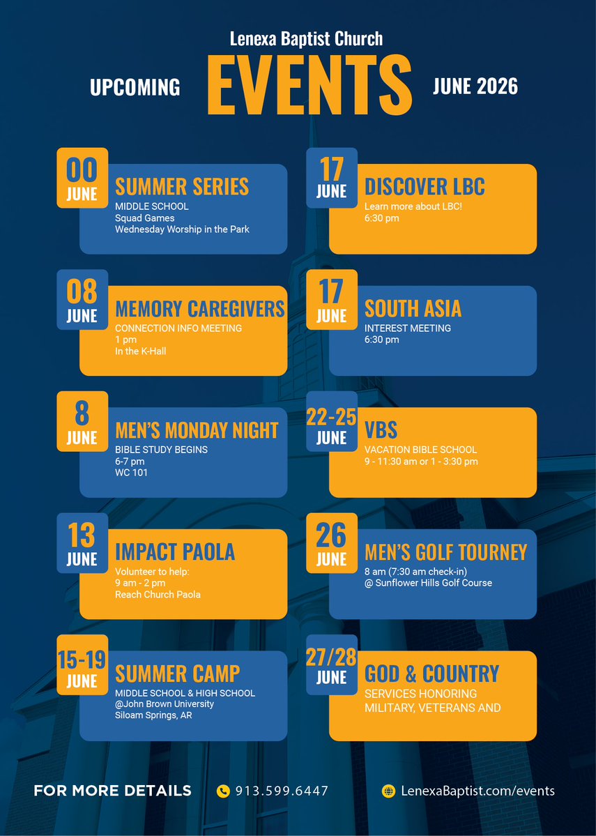 LenexaBC's tweet photo. From discipleship to camp to honoring our military and more, check out our website to learn more about our upcoming events in June.

https://t.co/4I31DWzkps https://t.co/r5cSaF4BY1
