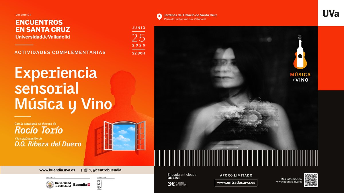 DORibera's tweet photo. Hoy se han presentado los VIII Encuentros en Santa Cruz de la Universidad de Valladolid @centrobuendia , una cita que volverá a convertir los Jardines del Palacio de Santa Cruz en un espacio para reflexionar, compartir y, este año, sentir.
Dentro de su programación cultural, el próximo 25 de junio la D.O. Ribera del Duero participará en una experiencia sensorial única que unirá vino y música en directo. Junto a la artista vallisoletana Rocío Torío y al director técnico de la Denominación de Origen, Alejandro González Jiménez, los asistentes recorrerán un diálogo entre aromas, sabores, emociones y sonidos en un entorno incomparable.
Una propuesta para descubrir cómo un vino también puede escucharse y cómo una canción puede despertar nuevos matices en una copa.
Las entradas para la experiencia "Música y Vino" estarán disponibles a partir del 9 de junio a las 10:00 horas.
#RiberaDelDuero #EncuentrosSantaCruz #VinoYCultura #Valladolid