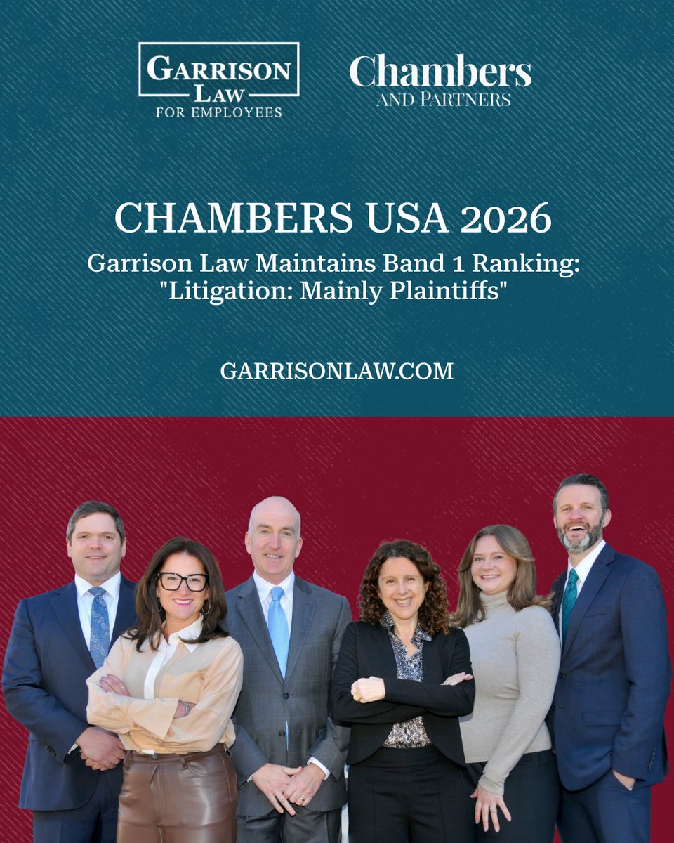 GarrisonLawPC's tweet photo. We’re proud to share that Garrison Law has once again earned a Band 1 ranking from Chambers and Partners in the Chambers USA Guide 2026 for “Litigation: Mainly Plaintiffs” in Connecticut.

Partners Nina Pirrotti and Joshua Goodbaum were also individually ranked as Band 1 for their work representing employees.

We are honored by this recognition and remain committed to advocating for employees and protecting workplace rights across Connecticut.

#GarrisonLaw #ChambersUSA #ConnecticutEmploymentLaw #NinaPirrotti #JoshGoodbaum