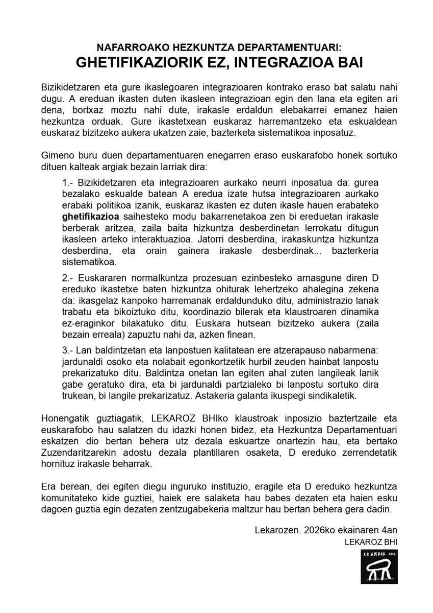 Gohartz's tweet photo. Baztango LEKAROZ BHI : GHETIFIKAZIORIK EZ, INTEGRAZIOA BAI!
Euskararen ARNASGUNE diren D EREDUKO ikastetxeetan hizkuntza paisaia aldatzera datozen erabakiak ez ditugu onartzen! Irakurri eta ZABALDU. https://t.co/8ExChDTtJj