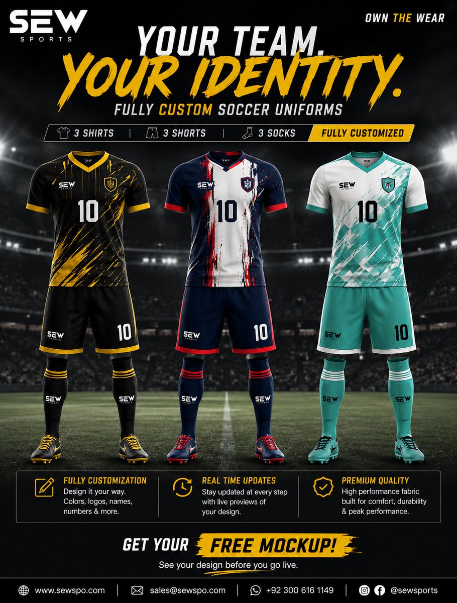 sewsports's tweet photo. Your Team. Your Identity. 🔥 Stop settling for basic template jerseys.

Get fully customized soccer kits engineered for elite performance by SEW Sports (3 Shirts, 3 Shorts, 3 Socks).

⚡ GET YOUR FREE MOCKUP TODAY! 

#CustomSoccerUniforms #SoccerKits #TeamUniforms #SewSports https://t.co/RVIlKRxS55