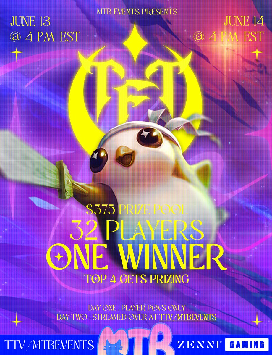 MTBTournaments's tweet photo. This has been long overdue...

We bring to you the first MTB TFT Invitational presented by @Zenni_Gaming!

32 of your favorite creators and pro players will compete in a 2 day event to see who comes out on top! 

Day 1: June 13 @ 4 PM EST (Player POVs ONLY) 
Day 2: June 14 @ 4 PM EST (Main Broadcast on https://t.co/UG2v9chV6A) 

#MTBInvitational | @Zenni_Gaming
