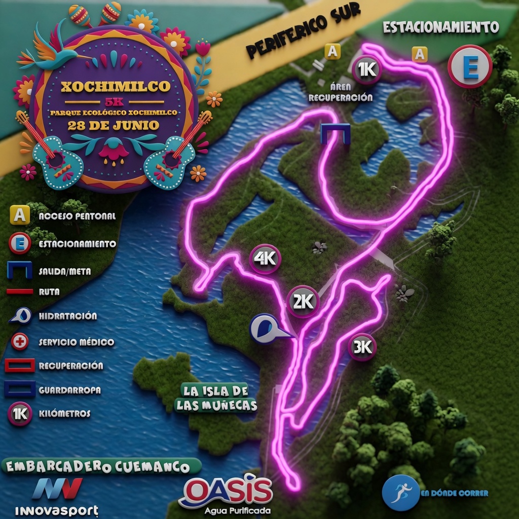 EnDondeCorrer's tweet photo. 🚨🚨ÚLTIMOS NÚMEROS PARA XOCHIMILCO 5K 🗺️🏃‍♂️🌿

Mira este hermoso recorrido de 5 kilómetros por el corazón verde de Xochimilco 🌊

Canales cristalinos, chinampas, trajineras, árboles y un amanecer de postal. Una ruta totalmente plana, perfecta para correr, trotar o caminar, con puntos de hidratación 💧, servicio médico y todo lo que necesitas para disfrutar al máximo.

📍 Fecha: Domingo 28 de junio 2026
🕖 Salida 5K: 7:10 am | Caminata: 7:15 am
👦👧 Categorías infantiles 100m y 200m (¡ideal para toda la familia!)
Vive una nueva ruta en Xochimilco 😍

Inscríbete YA antes de que se agote (como en las ediciones anteriores):

👉 https://t.co/mghAMd3945
o directo en asdeporte.
¡Nos vemos en la línea de salida! 🔥

#Xochimilco5K2026 #RutaXochimilco5K #Mapa5K #5KCDMX #XochimilcoRunning #CorreEnXochimilco #RunningCDMX #CorrerEnCDMX #RunnersCDMX #CarrerasCDMX #RunMexico #EnDondeCorrer #5KEnLaNaturaleza #ParqueEcologicoXochimilco