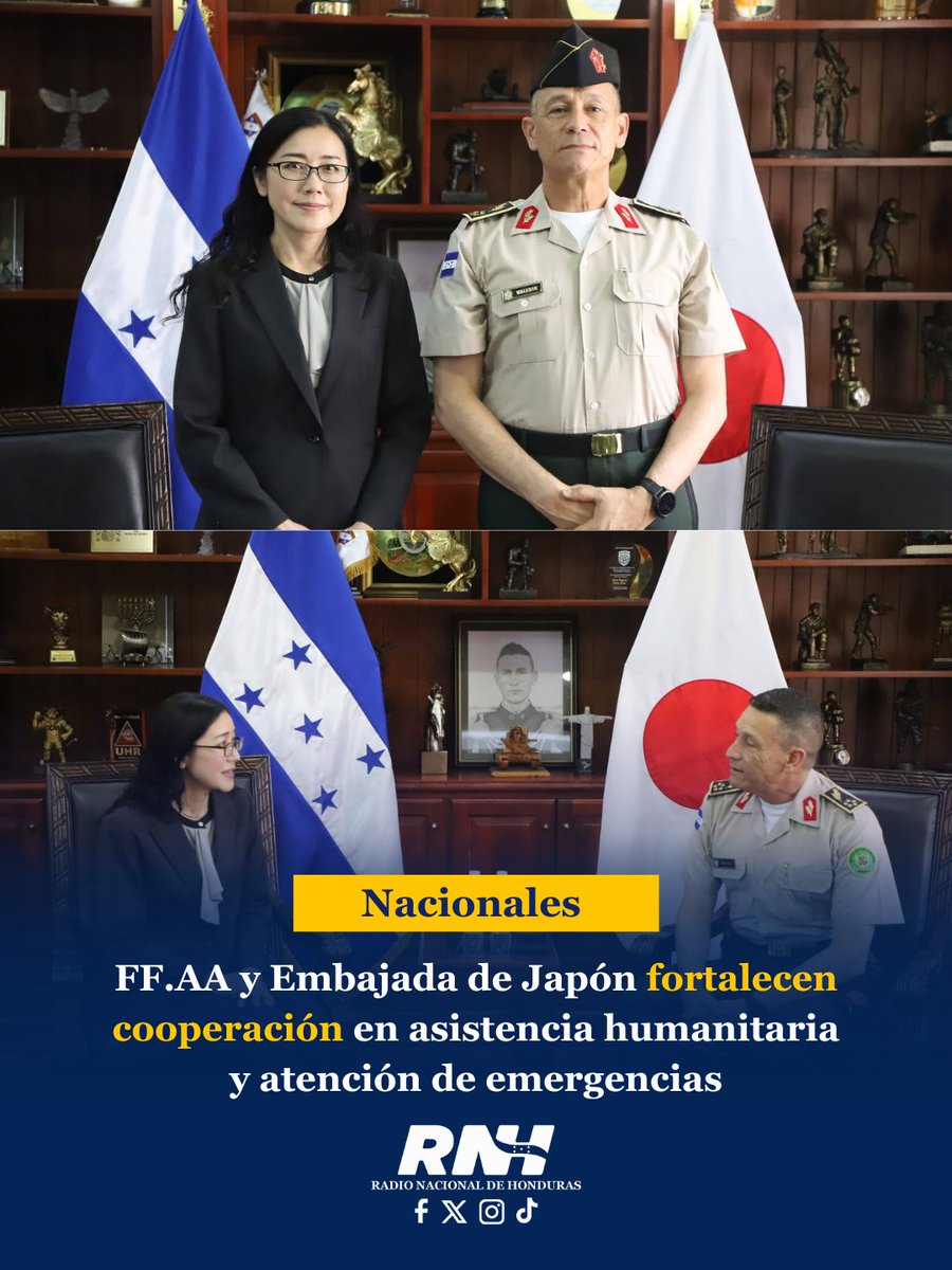 RTNH_Oficial's tweet photo. 🇭🇳🇯🇵 El Jefe del Estado Mayor Conjunto, Héctor Benjamín Valerio Ardón, sostuvo una reunión con la consejera de la Embajada de Japón, Koga Yuko, para fortalecer la cooperación bilateral.

#RNH #HondurasVamosAEstarBien https://t.co/fbVyCyUcQR
