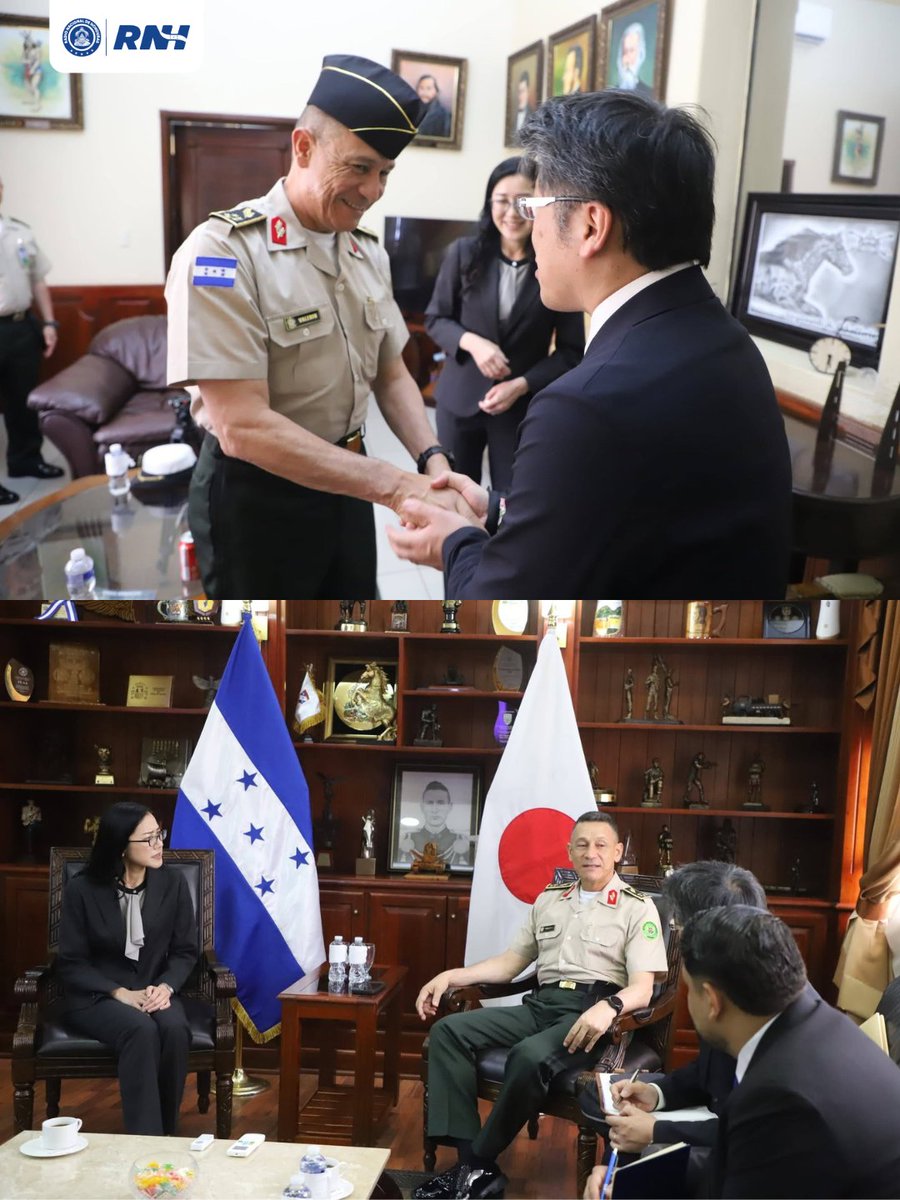 RTNH_Oficial's tweet photo. 🇭🇳🇯🇵 El Jefe del Estado Mayor Conjunto, Héctor Benjamín Valerio Ardón, sostuvo una reunión con la consejera de la Embajada de Japón, Koga Yuko, para fortalecer la cooperación bilateral.

#RNH #HondurasVamosAEstarBien https://t.co/fbVyCyUcQR