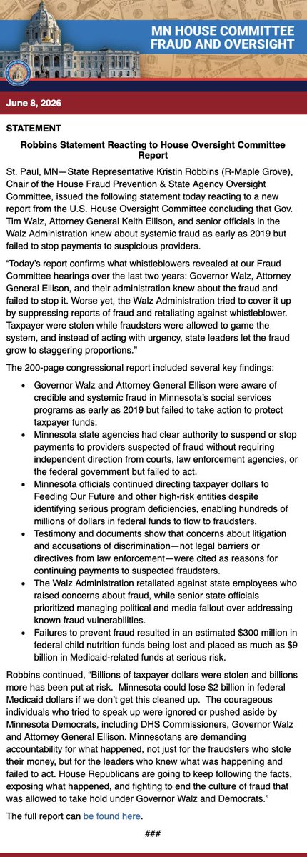 MN_Fraud_Cmte's tweet photo. RELEASE: Robbins Statement Reacting to House Oversight Committee Report https://t.co/URdIz8l2xV