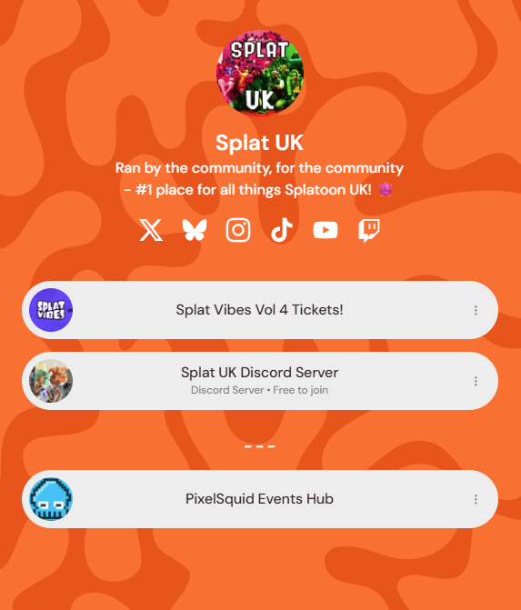 SplatUK_'s tweet photo. A recap of the Splat UK Social Pages:
- 🐦 Twitter/X 
- 🦋 BlueSky
- 📸 Instagram
- 🎵 TikTok
- 📼 YouTube
- 📹 Twitch
 
📺Follow &amp; stay up to date with the socials ⬇️
https://t.co/lxt46RI5mE https://t.co/d3YnD32X3K