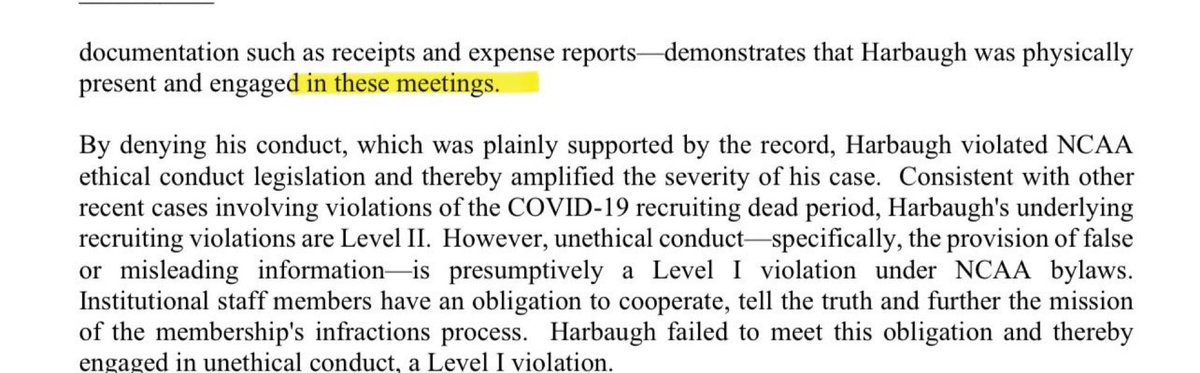 intrinsicvalyou's tweet photo. @Underwood_szn @NGruff84949 Jim Harbaugh committed a level 1 violation for lying to the NCAA Multiple times

Had it just been the meeting. It’d be minor. But Harbaugh lied &amp; continue to lie

Even the recruits parents said he lied. That’s why he was suspended https://t.co/t2AfLtjYw9