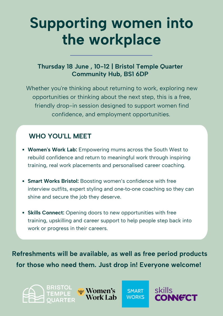 TempleQuarter's tweet photo. 📅Support women into the workplace | Thursday 18 June, 10-12 | BTQ Community Hub

Join experts on supporting women into work, at a casual, friendly drop-in session, offering varied advice and expertise!

Refreshments, and free period products (@PeriodFriendly) will be available. https://t.co/yYk9K66zFn