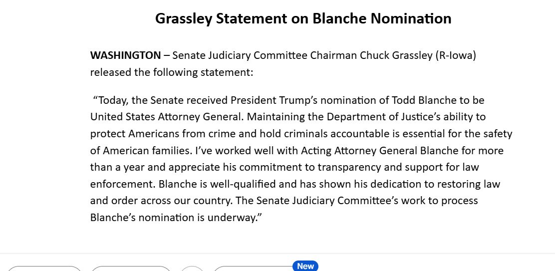 courtneybuble's tweet photo. Blanche has been officially nominated to be AG 

Grassley, who chairs the committee that will take up the nomination, released this statement: https://t.co/L3Ww83Z3TQ