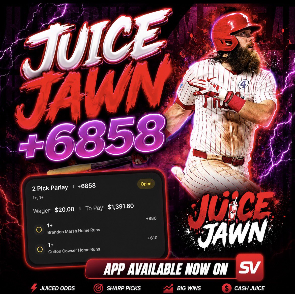 PhillySpcl's tweet photo. 🚨 JUICE JAWN +6858 🚨
$20 ➡️ $1,391.60 💰

When this smacks, I’m giving away $100 💸

To enter:
❤️ Like
💬 Comment
🔁 Repost

Get the Juice Jawn App:
https://t.co/QDrVqRksYz  🔋 by @sportsvestment https://t.co/IuOX8D0sdU