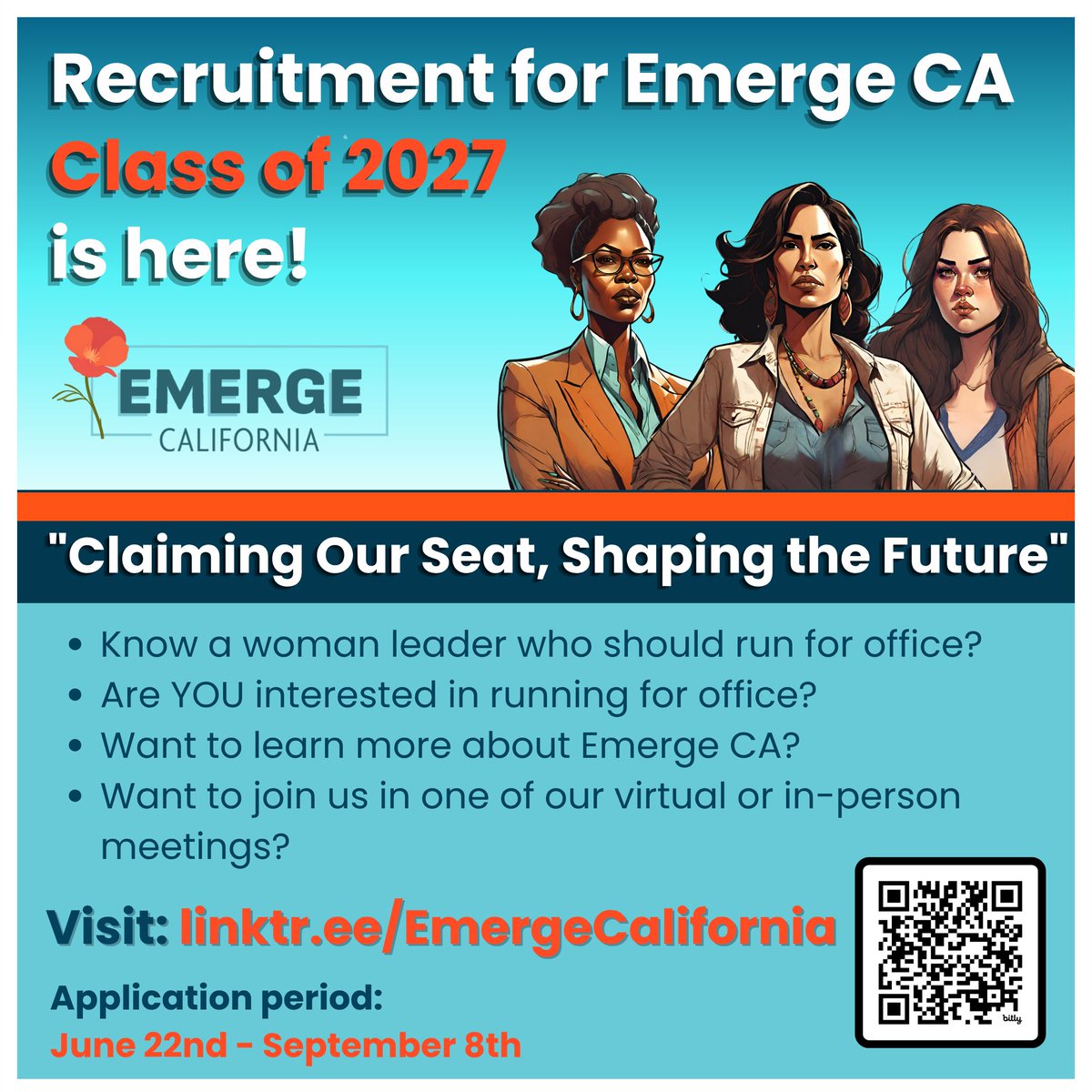 EmergeCA's tweet photo. 🚨 Applications for the Emerge California Class of 2027 are almost here! 🚨

Do you know a woman who should run for office? Or have you ever thought about running yourself?

We train Democratic women to step up, lead, and win. We'd love to connect with you. #womenlead #emergeca https://t.co/qLatbAKNYj