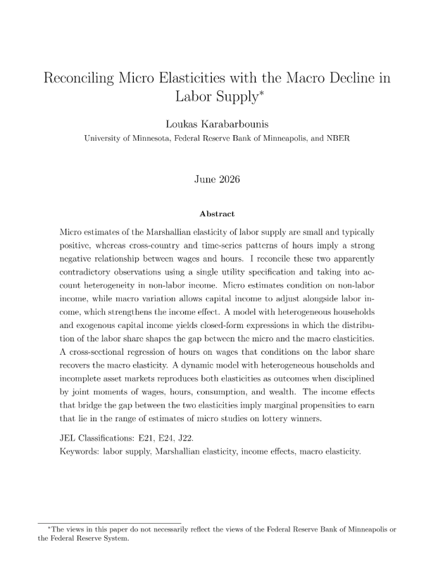 int_mon_econ's tweet photo. Super interesting!

"Reconciling Micro Elasticities with the Macro Decline in Labor Supply" by Loukas Karabarbounis.

"Micro estimates of the Marshallian elasticity of labor supply are small and typically positive, whereas cross-country and time-series patterns of hours imply a strong negative relationship between wages and hours. I reconcile these two apparently contradictory observations using a single utility specification and taking into account heterogeneity in non-labor income. Micro estimates condition on non-labor income, while macro variation allows capital income to adjust alongside labor income, which strengthens the income effect. A model with heterogeneous households and exogenous capital income yields closed-form expressions in which the distribution of the labor share shapes the gap between the micro and the macro elasticities. A cross-sectional regression of hours on wages that conditions on the labor share recovers the macro elasticity. A dynamic model with heterogeneous households and incomplete asset markets reproduces both elasticities as outcomes when disciplined by joint moments of wages, hours, consumption, and wealth. The income effects that bridge the gap between the two elasticities imply marginal propensities to earn that lie in the range of estimates of micro studies on lottery winners."

https://t.co/29VmFFZDmE