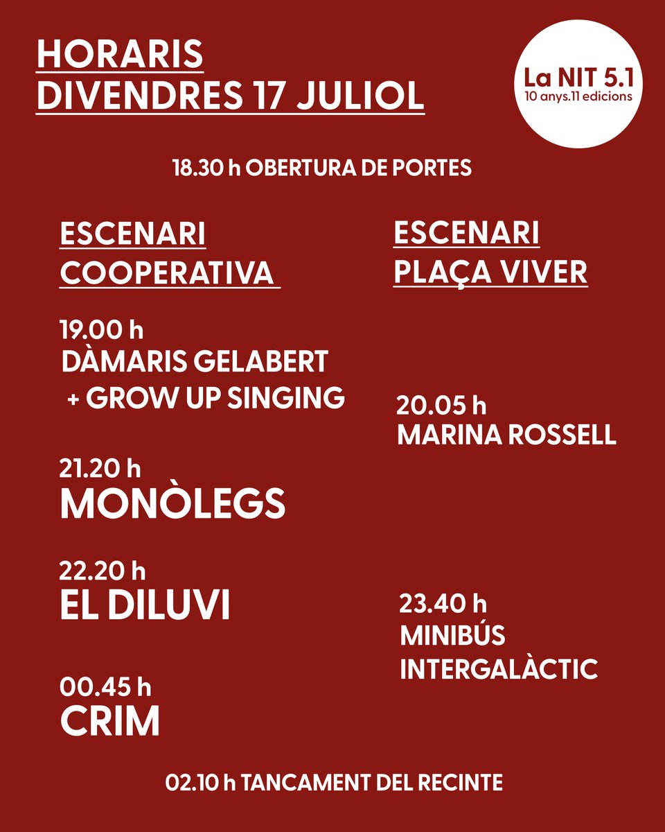 LaConca51's tweet photo. 🟥 HORARIS 
LA NIT 5.1 2026

Entrades i abonaments aquí:
https://t.co/Tv0RvmxRZq https://t.co/SyVTIIjBfG