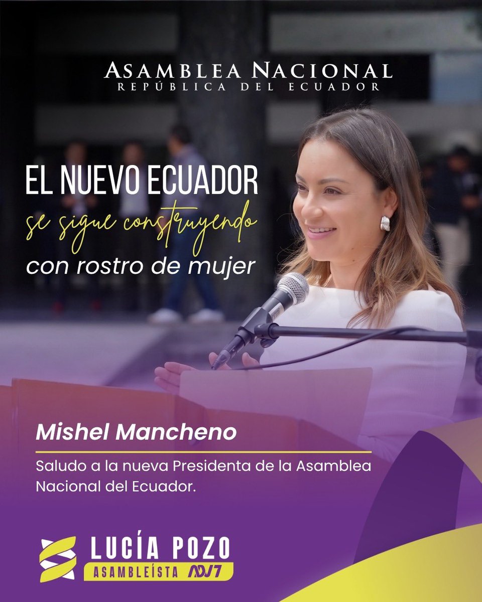 LuciaPozoMOK's tweet photo. Querida @mishelmanchenok, felicidades por asumir la Presidencia de la Asamblea Nacional. 💜🇪🇨

Conozco tu capacidad, tu compromiso y tu vocación de servicio. Estoy segura de que esta nueva responsabilidad la ejercerás con liderazgo, firmeza y siempre pensando en el bienestar de los ecuatorianos.

Muchos éxitos en esta nueva etapa.