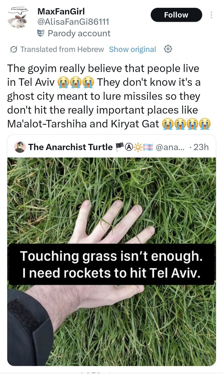 BbBeGood's tweet photo. @anarchoboognish They're playing with you Tel Aviv isn't real https://t.co/SyCu83kJeD