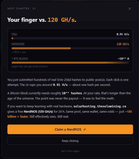 aubitcoin's tweet photo. sometimes when you mouse-hash a lot you can see the next step in learning how bitcoin mining works.

as free as https://t.co/P0FEV2kBEH:
a NerdNos hashing 130 billions faster than your finger for the pool of your choice, thanks to @TheSoloMiningCo https://t.co/4xwtbfPV5A