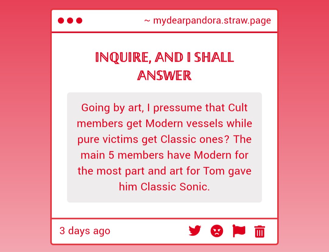 Pyro4275's tweet photo. Oh, it's just inconsistent, been that way since his early career, hell that's why Sally is included
More of a "it's too late now so why bother"
Also, Tom having a Classic Sonic vessel was a decision by Bandado, not X.
Tom probably wouldn't even be Sonic.
#MyDearPandora
#SonicEXE https://t.co/eGSghPGEkD