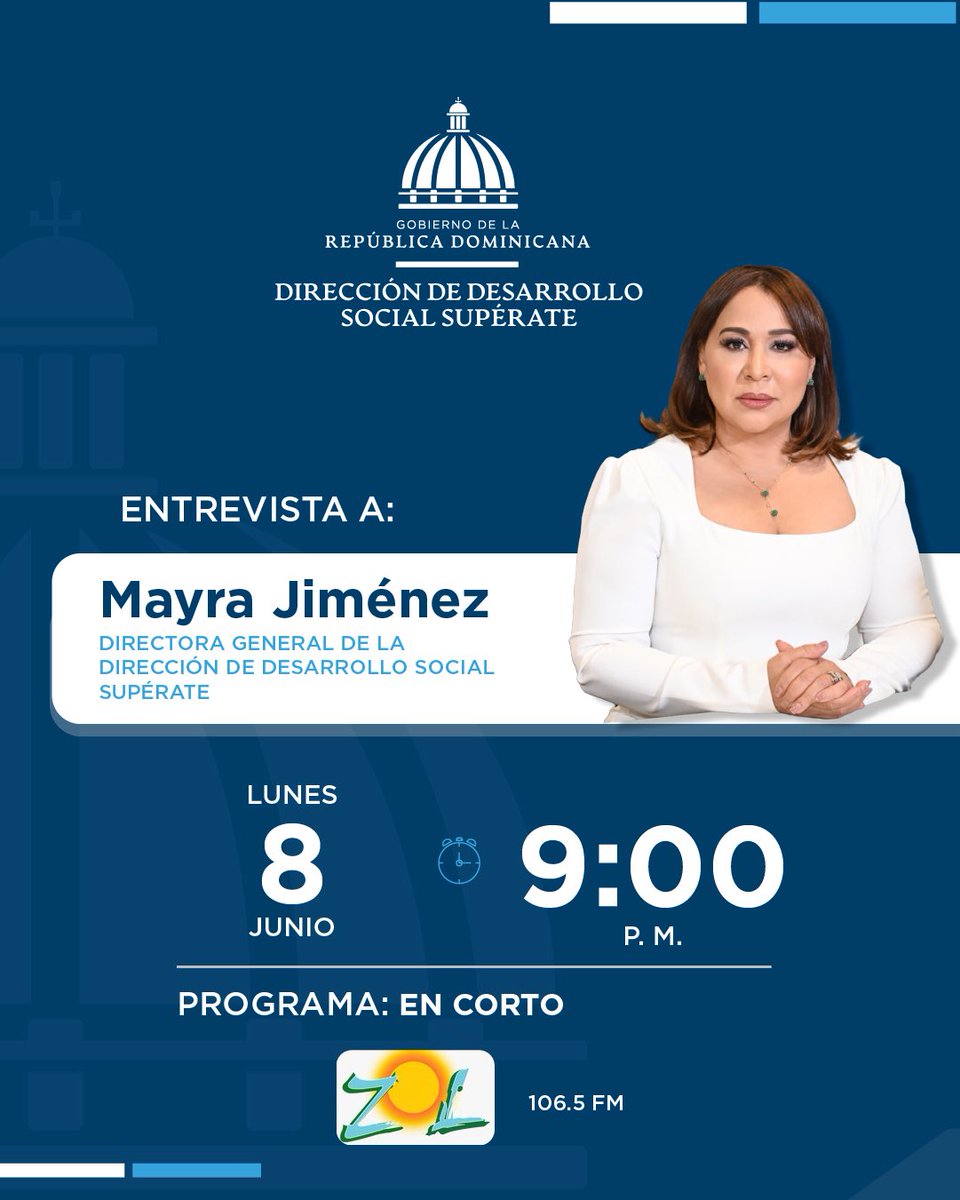 SuperateRDO's tweet photo. Sintoniza este lunes 8 de junio a las 9:00 p. m. la entrevista a nuestra directora general, @mayrajimeneztfj, en el programa En Corto de @zol1065fm y conoce más sobre las iniciativas que impulsamos desde @superaterdo para fortalecer el bienestar de las familias dominicanas.

#Supérate