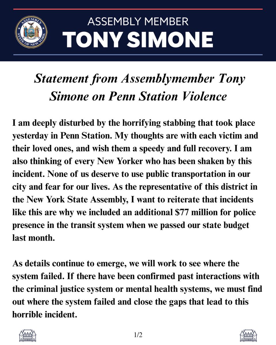 tonysimone's tweet photo. My statement on yesterday’s violence at Penn Station: https://t.co/izVYig6Dh0