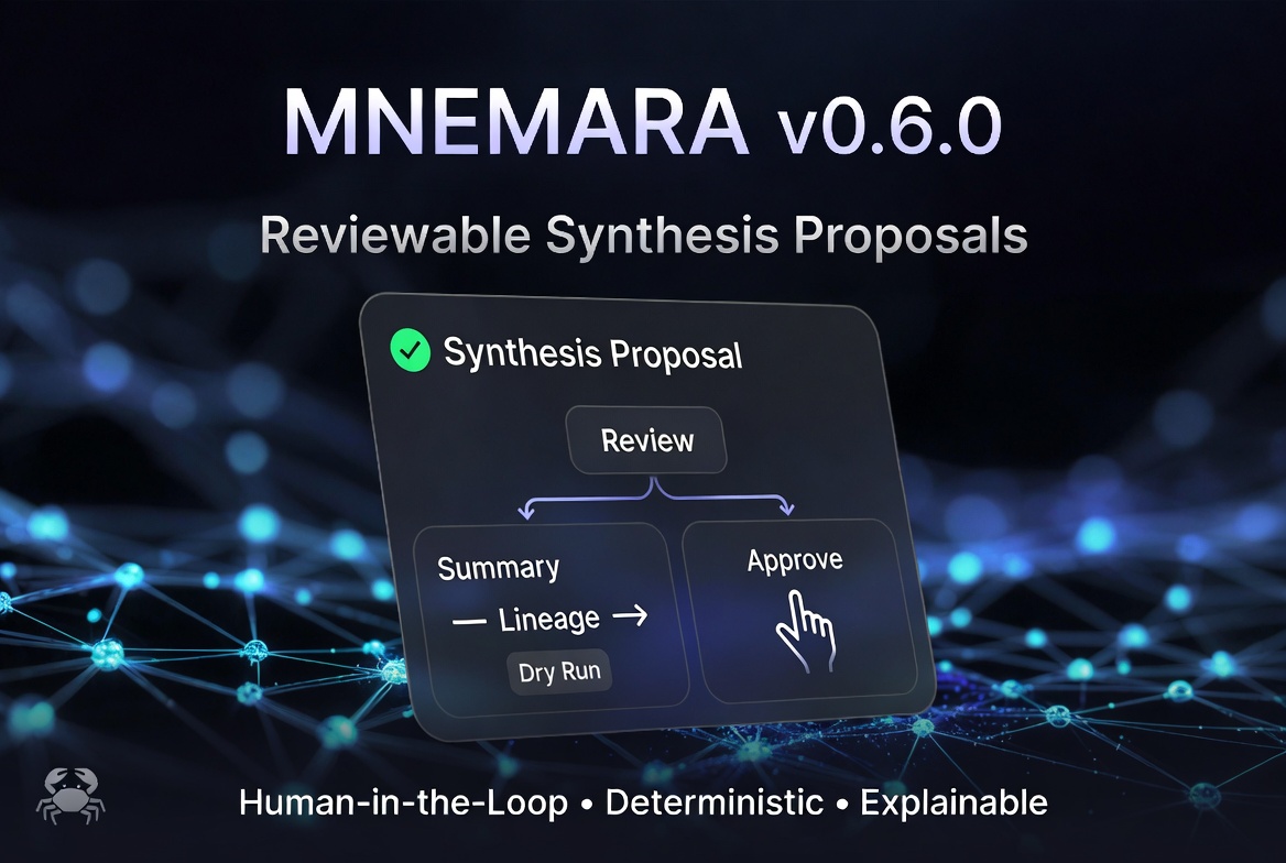 deliberiumai's tweet photo. 🚀 Mnemara v0.6.0 is live.

Memory synthesis just went from autonomous rewriting → reviewable proposals with real human-in-the-loop control.

- Deterministic. 
- Auditable. 
- Source lineage preserved. 
- New HTTP/gRPC endpoints + JS/Python SDK helpers. 
🧵 https://t.co/kyUrg3CsPk