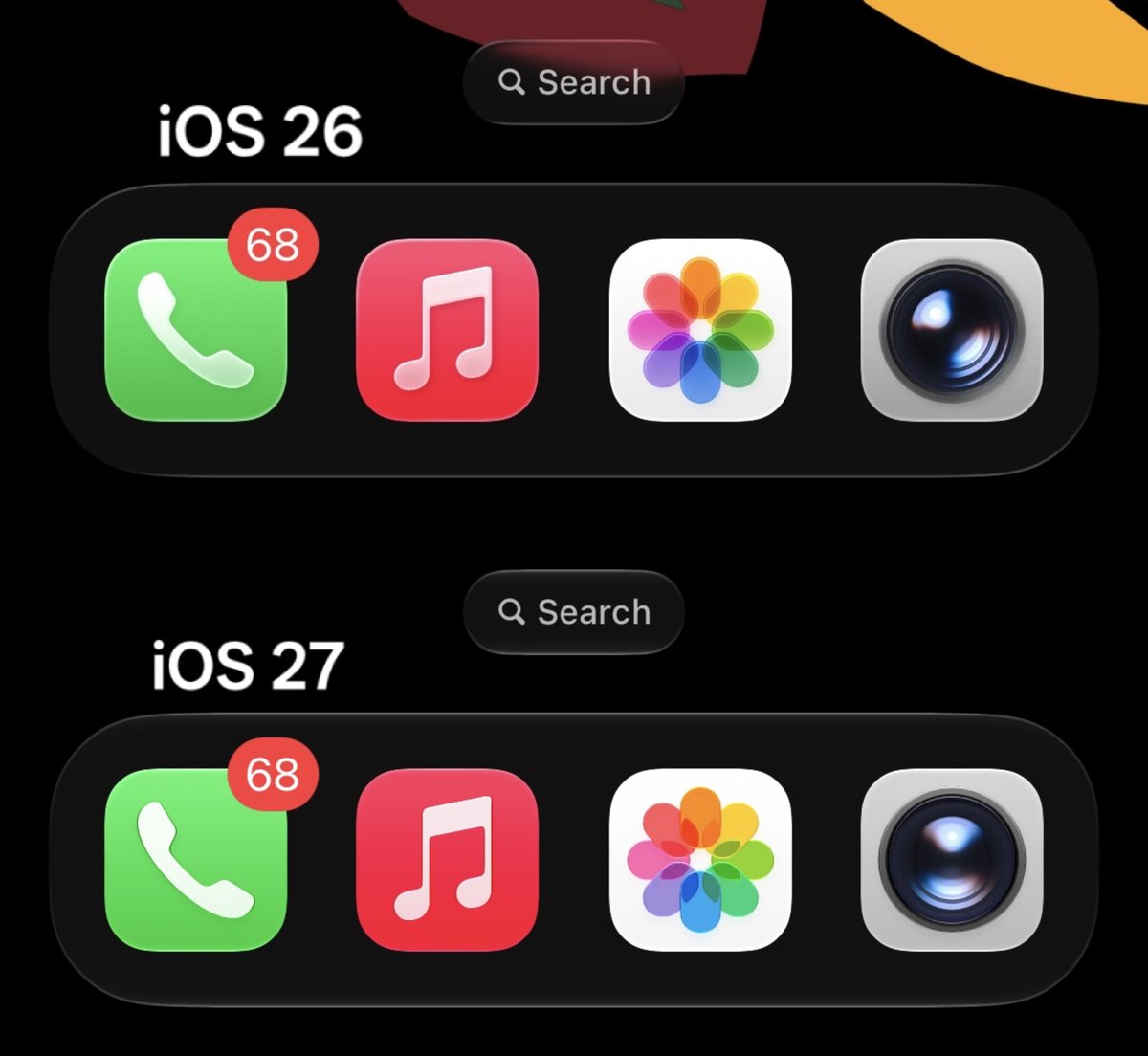 Cartidise's tweet photo. iOS 26 vs. iOS 27 

Dock and the icons are glassier https://t.co/JmiPe0weEt