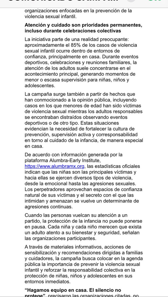 Solmari676's tweet photo. ÚltimaHora 🚨
Con el objetivo de prevenir y combatir la violencia sexual contra niñas, niños y adolescentes, Early Institute, Alumbra e ILAS lanzan una nueva campaña de concientización y protección infantil.
La iniciativa parte de una realidad preocupante: aproximadamente el 85% de los casos de violencia sexual infantil ocurre dentro de entornos de confianza, principalmente en el hogar.
Las autoridades y organizaciones participantes buscan fortalecer la prevención, promover la denuncia y brindar herramientas para identificar señales de alerta y proteger a la infancia.
La información y la prevención pueden salvar vidas. #ProtecciónInfantil #InfanciaSegura #Prevención #México
Se