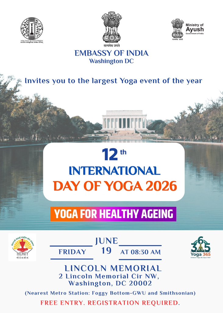 IndianEmbassyUS's tweet photo. 🧘Join us for the largest Yoga session of the Year!

Celebrate the International Day of Yoga 2026 - under the theme 'Yoga for Healthy Ageing'  with an outdoor session at the iconic Lincoln Memorial on Friday, June19 2026.

🕙 08:30 AM 
Spots are limited — reserve yours today!                                                                                                                                                                                                                                

Link for registration:https://t.co/VLM2rGFOU4
