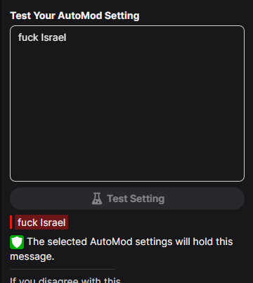 TheMackV's tweet photo. Hey @TwitchSupport I want to make y'all aware of an inconsistency I just confirmed in your default AutoMod rulesets.

AutoMod appears to be giving protection to Israel that is disproportionate to the US and even Iran. Is this an error? https://t.co/So9LBHrzRj