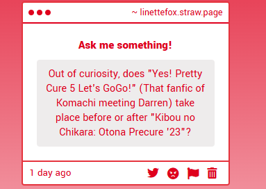 LinetteFoxy's tweet photo. "Out of curiosity, does 'Yes! Pretty Cure 5 Let's GoGo!' (That fanfic of Komachi meeting Darren) take place before or after 'Kibou no Chikara: Otona Precure '23'?" -> It takes place 1 year after GoGo, 14 years before Otona.
 https://t.co/B6OegBlG63 https://t.co/aFk8mVONKW
