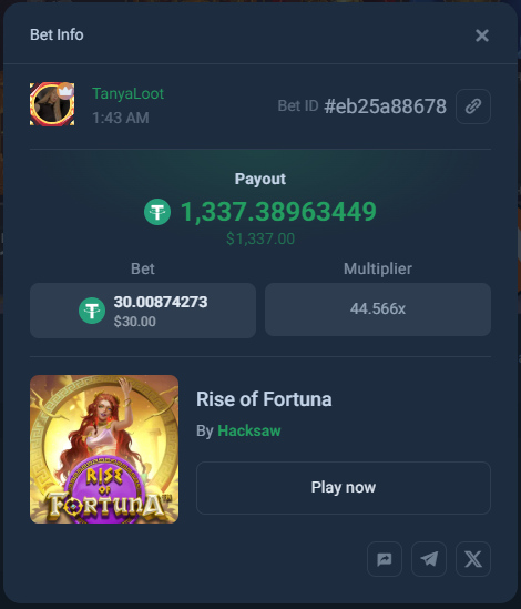 TanyaLoot's tweet photo. When the free spins hit JUST right...💅
✨$1.3k secured! Rise of Fortuna is officially my new favorite game

🎟 Promo code: GET250LOOT
👉 https://t.co/NEdNnKh8HJ https://t.co/VSFZG0WKYT