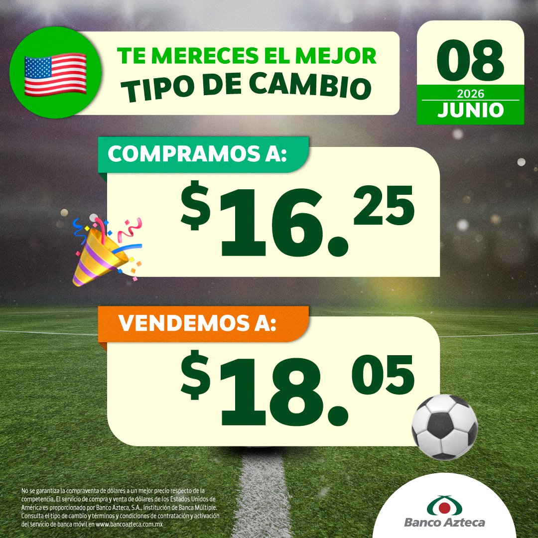BancoAzteca's tweet photo. En la cancha del #TipoDeCambio, Banco Azteca siempre marca el mejor precio en dólares 😉 ¿Listo para ganar? ⚽ 🏆📊
Conoce todos los detalles: https://t.co/8eXU96BtAV #Divisas https://t.co/7j50PtGh9C