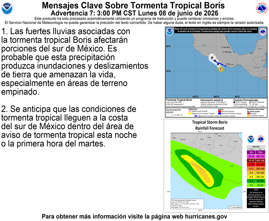 NHC_Pacific's tweet photo. 3pm CST 6/8 Tropical Storm #Boris Key Messages: Heavy rainfall is likely to produce life-threatening flooding and mudslides in portions of southern #Mexico, especially in areas of steep terrain. https://t.co/wQia005Jtf