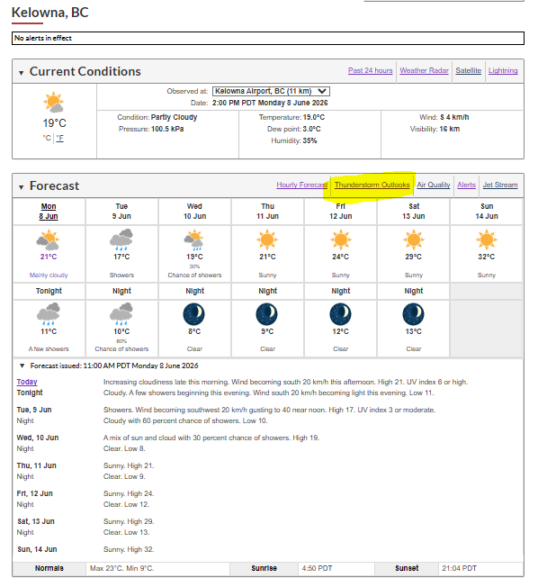 Zach_wx's tweet photo. #BCStorm #BCwx #BCStormWatch
If you take a look at the Environment Canada website, you may notice something new...They have finally added their thunderstorm outlooks directly to their site! ๐ฅณ
Instead of needing to access them from a separate source (such as https://t.co/lkVShi1ATI), you can now access them simply by clicking "Thunderstorm Outlooks" just above your locality's 7-Day forecast.