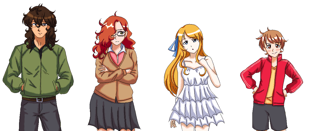 Nemophila_Dream's tweet photo. I just finished up the main cast sprites I'm going to use as reference throughout the game ^^ #vndev #renpy #FarFromParadise https://t.co/ubxZlWUGje
