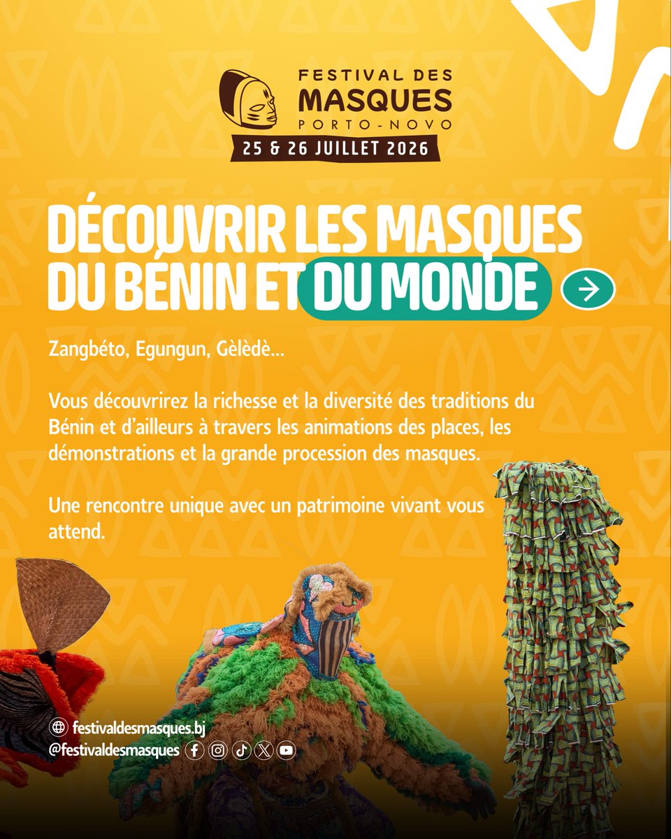 festidesmasques's tweet photo. ✨ Pourquoi le Festival des Masques est-il l’un des rendez-vous culturels à ne pas manquer en 2026 ?

📅 25 &amp; 26 juillet 2026
📍 Porto-Novo
🎟️ Accès libre et gratuit
🔗 https://t.co/YIObPfGqR5

#FestivalDesMasques #FDM2026 #PortoNovo #ExploreBenin #DestinationBenin https://t.co/SEFm7PxejO